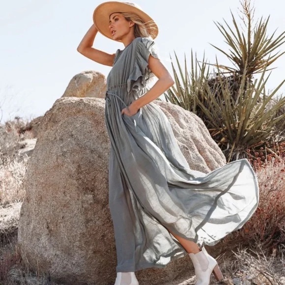 Gray Gauze Boho Button Maxi Dress - Picture 4 of 8